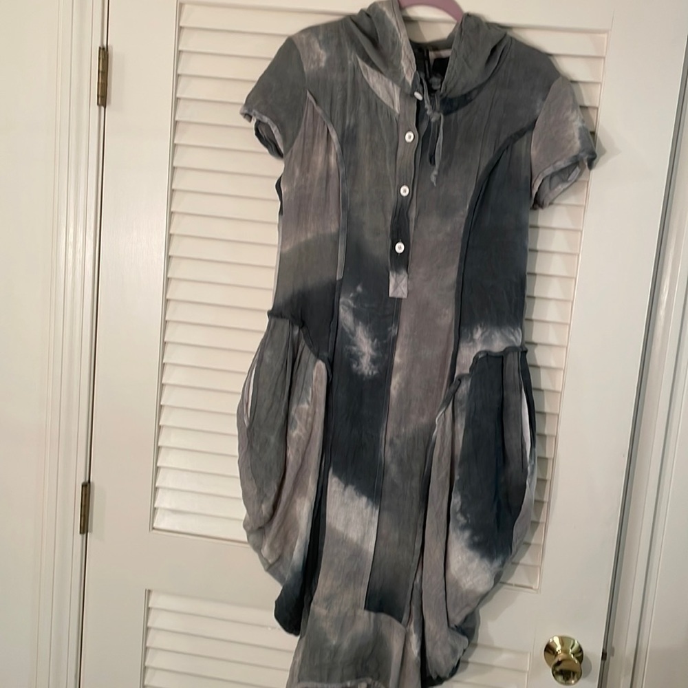 L!NK x OGI ANTUNAC Multicolor Gray Button Up Hooded Bubble Dress Pockets Unique